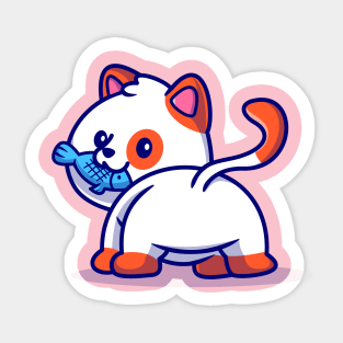 Cute Cat Eating Fish Cartoon Sticker